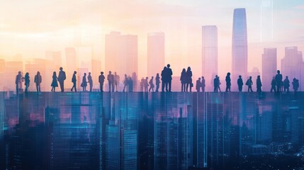 Poster - Silhouetted people stand on a rooftop overlooking a futuristic city at sunset.