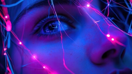 Poster - Close-up portrait of a woman's eye, illuminated by pink and blue fairy lights.