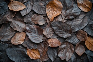 Aufkleber - Close-up of many dried brown and dark brown leaves forming a textured background.