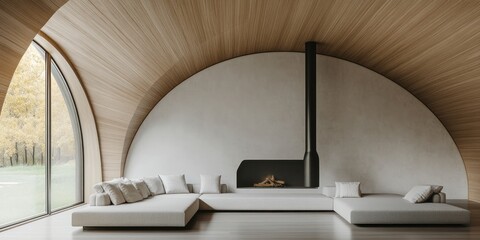 Poster - Modern minimalist living room with arched ceiling, fireplace, and large window overlooking a forest.