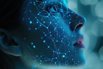 Aufkleber - Woman's face overlaid with a futuristic blue network.