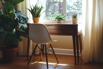 Poster - Sunlit home office with wooden desk, plants, and chair.