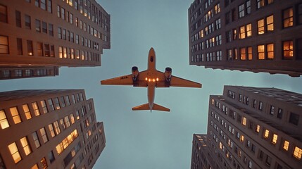 Wall Mural - Low-angle view of airplane flying between skyscrapers at dusk.