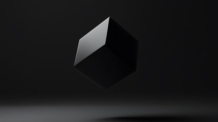 Poster - A sleek black abstract cube levitating in mid-air, rendered in 3D, set against a minimalist black backdrop, exuding a sense of mystery and modernity