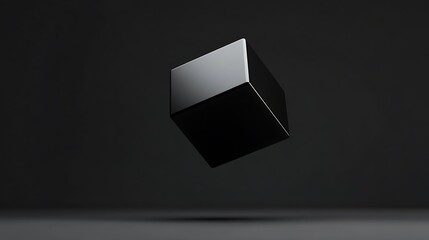 Poster - A sleek black abstract cube levitating in mid-air, rendered in 3D, set against a minimalist black backdrop, exuding a sense of mystery and modernity