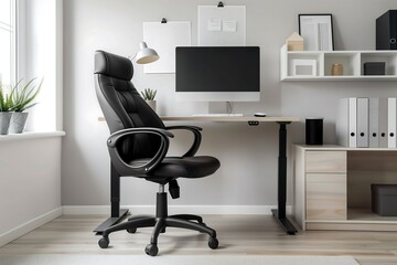 Poster - Contemporary home office interior design with a dual-screen setup, a black leather chair, and motivational wall art on light gray walls.