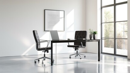 Poster - Contemporary home office interior design with a minimalist black-and-white theme, glass desk, and a comfortable swivel chair for a professional look.
