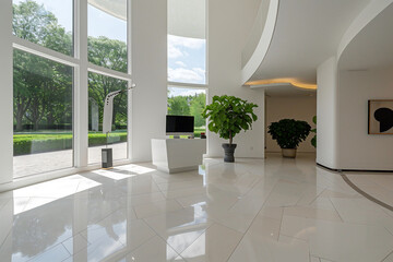 Poster - Minimalist home office interior design featuring a white desk, a large monitor, potted plants, and natural light streaming through floor-to-ceiling windows.
