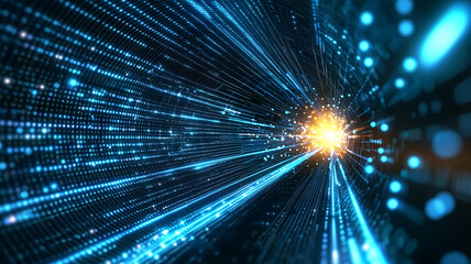 Wall Mural - a blue and orange lighted tunnel with a white light in the middle