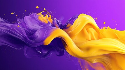 Aufkleber - Dynamic, fluid shapes in vibrant yellow and purple hues, resembling swirling smoke or splashes of paint, suspended in space to create a striking visual contrast and energy