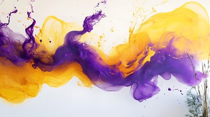 Aufkleber - Dynamic, fluid shapes in vibrant yellow and purple hues, resembling swirling smoke or splashes of paint, suspended in space to create a striking visual contrast and energy