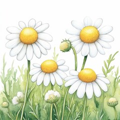 Poster - This whimsical watercolor depicts a field of chamomile flowers with delicate white petals and cheerful yellow centers  creating a serene and tranquil botanical scene  The soft