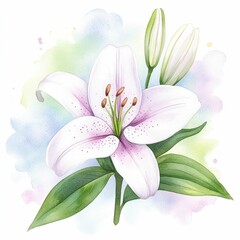 Poster - Soft and delicate watercolor painting of a beautiful lily flower with soft pink and white hues  showcasing the natural beauty and elegance of the floral subject against a glowing  ethereal background