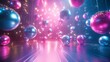 © KamStudio - A futuristic party setting featuring metallic pink and blue balloons, pulsating neon light patterns, and swirling laser beams over a shimmering floor, creating a vibrant and dynamic atmosphere.