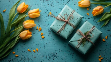 Wall Mural - Teal gift boxes with yellow tulips on blue background.