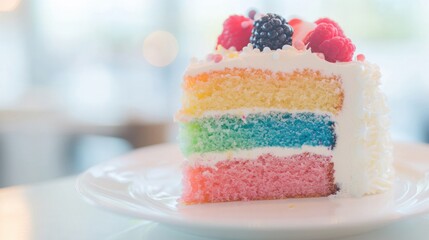 Wall Mural - Delight in a colorful layered cake featuring rainbow-hued layers, topped with fresh berries and whipped cream, perfect for any occasion