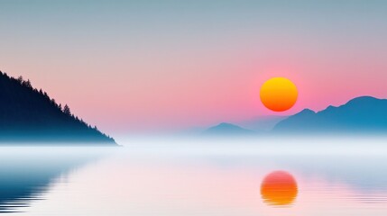 Wall Mural - Serene sunset over calm waters with silhouetted mountains.