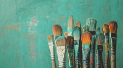 Wall Mural - Colorful paint brushes are clustered closely, displaying their varied bristles and textures against a striking teal background