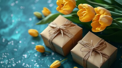 Wall Mural - Two gift boxes tied with twine next to yellow tulips on teal background.