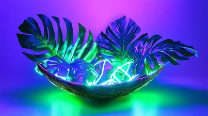 Poster - Tropical leaves bathed in green and blue neon light, forming a striking and modern composition with a radiant, exotic vibe