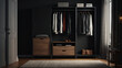 © Wine - AI generative. 3d render of walk in closet of interior design open cabinet with minimalist modern style in wood and dark gray atmosphere. 4