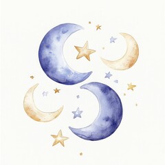 Poster - Enchanting watercolor painting depicting a celestial chart of crescent moons and twinkling golden stars  rendered in a soft  dreamy palette of blues and purples  The tranquil