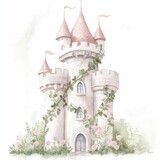 Enchanting watercolor depicting a fairy tale princess tower covered in lush ivy and blooming roses painted with warm soft tones for a dreamy magical atmosphere