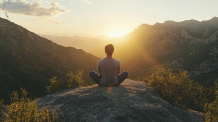 Wall Mural - Person meditates atop mountain, sunset view.