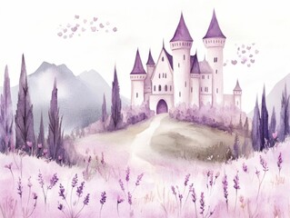 Poster - Enchanting watercolor of a magical castle nestled in a lush fairytale forest landscape with glowing creatures and a serene dreamlike atmosphere