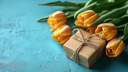 Wall Mural - Yellow tulips and gift box on teal background.