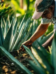 Poster - Mexican gardener carefully cutting agave leaves with a machete.