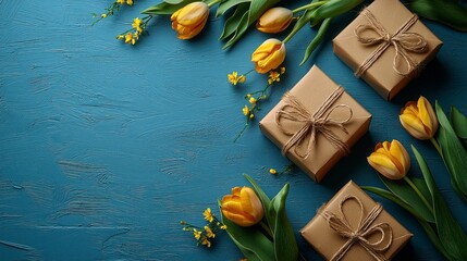 Wall Mural - Yellow tulips and gifts on blue background. (11)