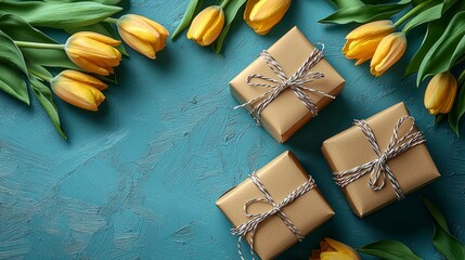 Wall Mural - Yellow tulips and three small gifts on teal background.