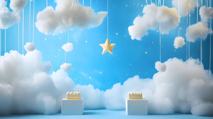 Wall Mural - A backdrop composition with a blue background, featuring pastel clouds and a starry sky in the middle.