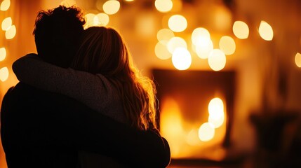 Wall Mural - Cozy Evening Embrace with Soft Glow of Firelight and Bokeh Lights