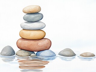 Poster - Beautifully arranged watercolor painting of stacked spa stones in muted earthy tones with gentle rippling water and serene calming atmosphere  This tranquil