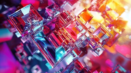 Poster - Dynamic abstract crystal structures illuminated in vibrant colors digital artwork modern aesthetic