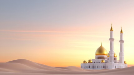 Wall Mural - A serene mosque set against a desert sunset backdrop.