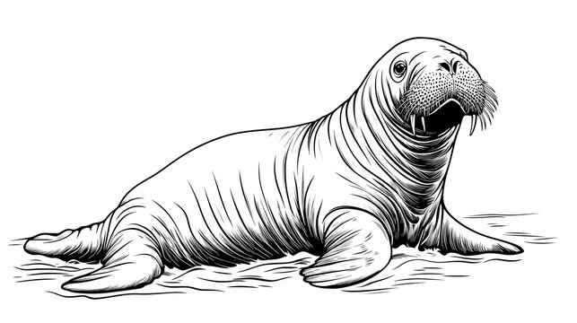line art of a walrus, a simple black and white drawing, on a white background.