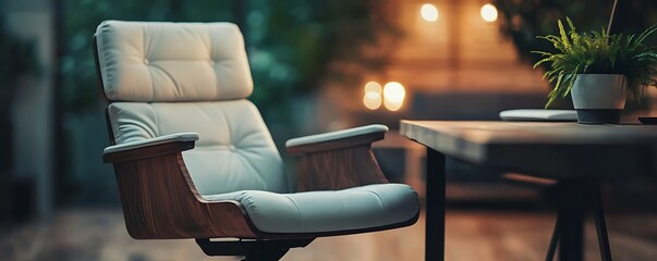 Wall Mural - Cozy home office featuring a white leather office chair with blurred background elements of the workspace 