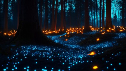 Poster - Enchanting dark forest floor with glowing blue and orange lights.