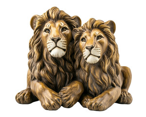 Wall Mural - Majestic lion sculptures depicting pair of lions with detailed fur and expressive faces, symbolizing strength and companionship. Perfect for home decor or wildlife enthusiasts