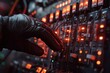 © HO - A close-up of a specialistâ€™s gloved hand flipping switches on an electrical panel, with clearly labeled circuits and indicator lights glowing to signify power activation.