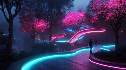 Poster - Futuristic park at night with neon lights and glowing trees.