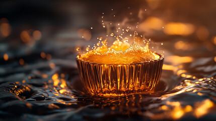 Poster - Water splashes around a glowing object in a dark setting capturing dynamic energy