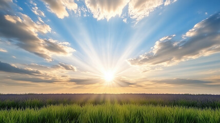 Wall Mural - serene sunset over field with vibrant rays of sunlight shining