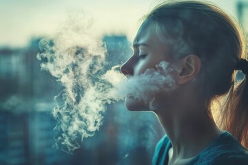 Wall Mural - Young woman exhales vapor, backlit, city view.