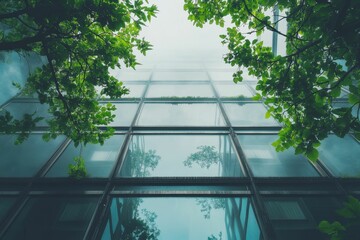 Sticker - Glass building facade, leafy trees, reflections, modern design.