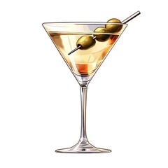 Wall Mural - A stylized illustration of a martini cocktail garnished with olives on a cocktail stick.