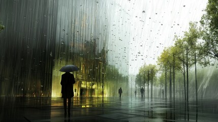 Canvas Print - Rainy day, figures, umbrella, reflective surfaces, trees.